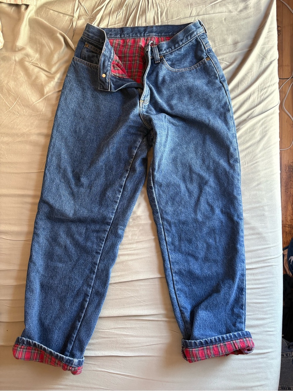 Women’s Blue Denim Jeans with Red Plaid Lining double lined relaxed fit